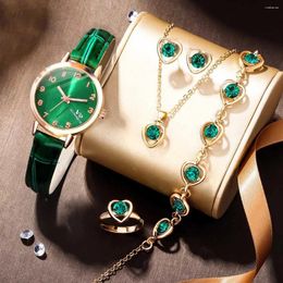 Wristwatches 6pcs Ladies Fashion Casual Star Digital Belt Quartz Watch Emerald Heart Full Of Diamond Earrings Necklace Ring Bracelet Gift