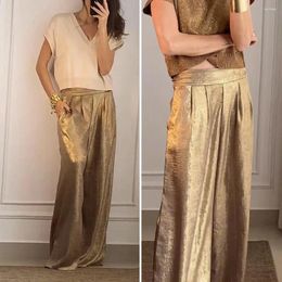 Women's Pants Women Long Elastic High Waist Casual Trousers Metallic Solid Colour Wide-Leg Office Party Work Leisure