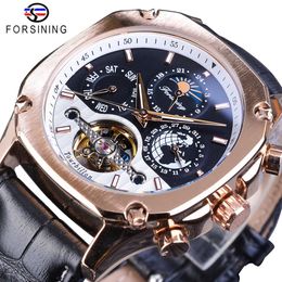 Forsining Luxury Golden Mechanical Mens Watches Square Automatic Moonphase Tourbillon Date Genuine Leather Band Watch Clock Gift 2555