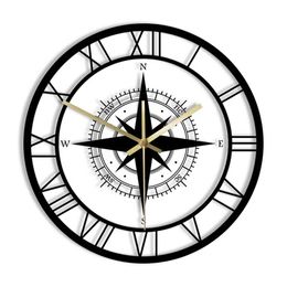 Wall Clocks Compass Direction Map Exclusive Silent Clock Navigation Black Wind Rose Home Decoration Traveler Interior Design Vintage Watch Q240509