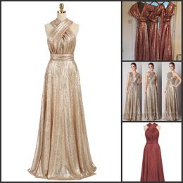 Sparkly Convertible Gold Sequin Bridesmaid Dresses A-line Long Maid of Honor Dresses Multiway Wedding Party Gowns 2353