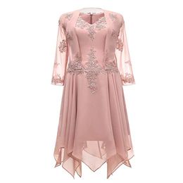 Setwell Two Pieces V-Neck Chiffon Tea Length Mother of The Bride Dress Long Sleeves Lace Formal Evening Gowns With Jacket 233u