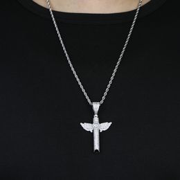 New Fashion Iced Out Bling 5A Cubic Zirconia Wing Cross Necklace Pendant Prong Setting Cz for Men Women Silver Color Hip Hop Jewelry