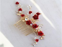 Jonnafe Red Rose Floral Headpiece For Women Prom Rhinestone Bridal Hair Comb Accessories Handmade Wedding Hair Jewelry Y190513021060028