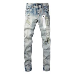 Men's Jeans Purple Roca brand jeans fashionable and top-notch street blue patch repair low rise tight denim pants size 28-40 Q240509