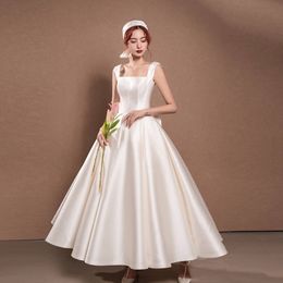 White satin Wedding Dresses red Bridal Gowns A Line strap Long Floor-Length luxury princess Custom Zipper big bow backless sexy Plus Size New bride gowns boho wed gowns