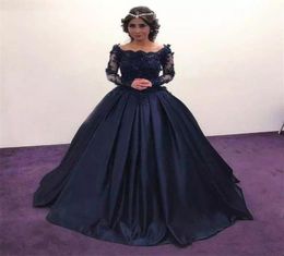 Bateau Lace Satin masquerade Ball Gown African Evening Formal Dress Navy Blue Long Sleeve Prom Dresses vestidos Plus Size5623400