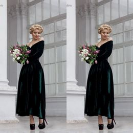 2019 Dark Green Velvet Evening Dress Off The Shoulder Long Sleeves A Line Ankle Length Evening Wear Dressses Prom Party Gowns EN11109 277z