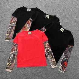 T-shirts Boys and girls T-shirt with long sleeves patches hip-hop floral tattoos INS spring and autumn street clothing T-shirt baby fashion topL2405