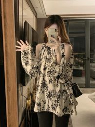 Women's Blouses Round Necked Off Shoulder Women Chiffon Shirt Female Spring Summer Long Sleeve Loose Top Large Size Korean Style Ink