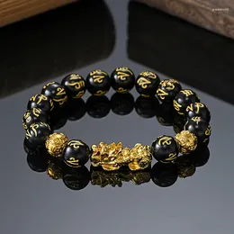 Strand Chinese Style Pixiu Six-character Mantra Obsidian Stone Beads Bracelet For Men Women Wristband Wealth And Good Luck