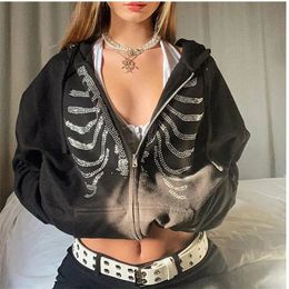 Women Gothic Black Zip Up Oversized Sweatshirts Y2K Rhinestone Skeleton Hoodies Female Retro Harajuku Hooded Jacket Streetwear 240510