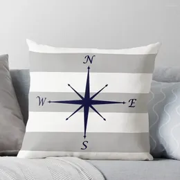 Pillow Nautical Navy Blue Compass On Silver Gray And White Stripes Throw Cases