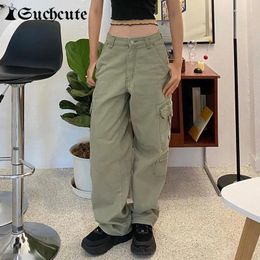 Women's Jeans SUCHCUTE Fashion Women Cargo Pockets Casual Girl Korean Fashin Streetwear Denim Trousers Harajuku Vintage 90s Green Pants