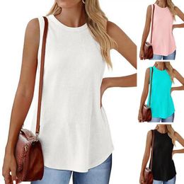 Women's Blouses Women Vest Stylish Summer Tank Tops For Loose Fit O-neck Solid Colour Pullover Streetwear Mid-length Round Neck