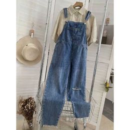 Women's Jumpsuits Rompers Denim Jumpsuits for Women Solid Straight Pants Hole Design Vintage One Piece Outfit Women Loose Casual Rompers Women Clothing Y240510