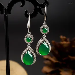 Dangle Earrings Natural Green Chalcedony Water Drop Jade Fashion Boutique Jewellery Women's Silver Needle Agate