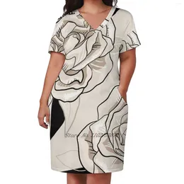 Casual Dresses Beige Roses Loose Pocket Dress Women V Neck Printed Cute Flowers Floral Black And White Graphic Vector