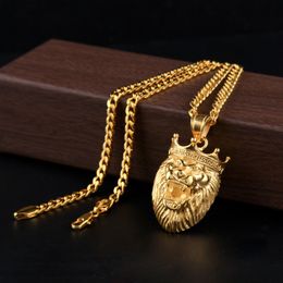Micro Lion King Crown Pendant Necklace 5mm 70cm Cuba Chain Necklace Gold Plated Stainless Steel Mens Hip Hop Jewellery 273N