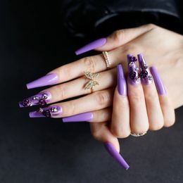 3D purple rose decoration Fake nails Extra Coffin Gel Violets False nails Press on nails with box 240430