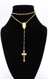 Chains Granny Chic 4/6/8mm Mens Womens Chain Gold Stainless Steel Bead Rosary Jesus Christ Pendant Long Necklace8260840