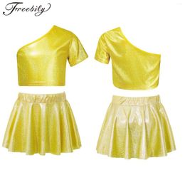 Clothing Sets Kids Girls 2Pcs Jazz Latin Dance Set Cheerleading Performance Costume One Shoulder Metallic Crop Tops With Mini Skirt For Show