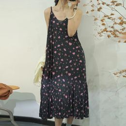 Casual Dresses 2024Summer Vintage Art Floral Printed Loose Camisole Woman Thin Calf-Length Wild Dress