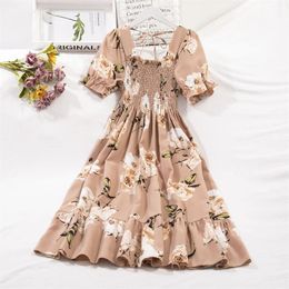 Spring Summer Chiffon Dresses Fashion Female Elastic Waist Short Sleeve Pleated Casual Dres Aline Vestidos 240509