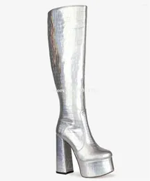 Boots Shining Silver Stone Pattern Leather Chunky Heel Knee High Round Toe Platform Block Long Club Pumps