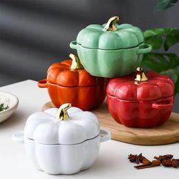 Bowls 6.5inch Ceramic Bowl With Lid And Handle Pumpkin Ramekins For Baking Casserole Dish Individual Severing Pot Oven Safe