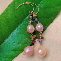 Dangle Earrings 10-11mm Natural Baroque Pink Pearl Tourmaline Gold Ear Hook Silver Crystal Minimalist Party Bridal Chandelier Modern