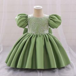 Girl Dresses Baby Girls Big Bow Wedding Bridesmaid Pleated For Kids Toddler Puff Sleeves 1st Birthday Party Gown Evening Costumes