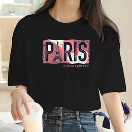 Women's T-Shirt Best-selling T shirts for women summer short-slved fashion love Paris tower crystal T-shirt O-neck soft cotton ladies T shirts T240508