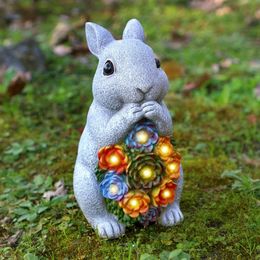 FORUP Solar Statues, Bunny Succulent, Resin Figurine Ornaments with 8 LED Lights, Rabbit Statue for Outdoor Lawn Yard Garden Decorations