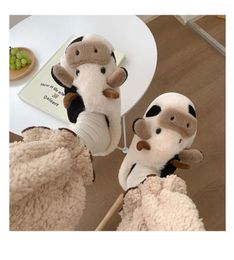 Slippers Fashion Kawaii Baotou Cute Cows Plush Women's Winter Warm Couples Indoor Shoes Home