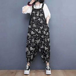 Women's Jumpsuits Rompers Cotton Linen Jumpsuits Oversized Harajuku One Piece Outfit Women High Waist Rompers Loose Korean Style Casual Vintage Playsuits Y240510