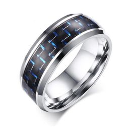 8MM Mens Stainless Steel Ring Wedding Band Black and Red Carbon Fibre Inlay Blue Red4157023