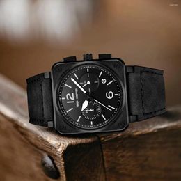 Wristwatches Black Sports Quartz Watch Men Waterproof Square Dial Wristwatch With Chronograph Leather Strap Simple Auto Date Sale