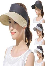 SAGACE Fashion Hat Womens Straw Sun Visor Hat Roll Up Wide Brim UV Protective Sun With Empty Top Straw Summer For Women9414200