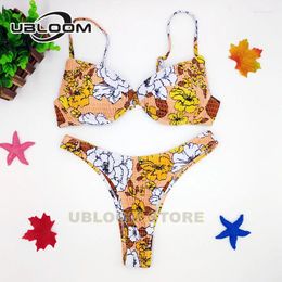 Women's Swimwear Sexy Underwired Push Up Bikinis Women Floral Print Two Pieces Bikini Set High Cut Bathing Suit Ruched Thong Swimsuit Beach