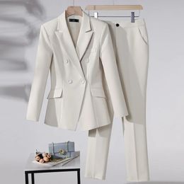 Women Formal Suit Sets Long Sleeve Double Breasted Blazer Pencil Pants Office Pantsuit Four Colors Jacket 2 Piece Senior Outfits 240428