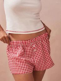 Women's Shorts Summer Casual With Elastic Waistband And Two Button Plaid Red Checkered For Street Wear