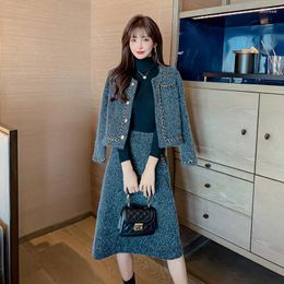 Work Dresses 2024 Spring Autumn Tweed Suit Skirt Women's Fashion Loose Sweet Single-Breasted Casual Chic Jacket Two-Piece Sets