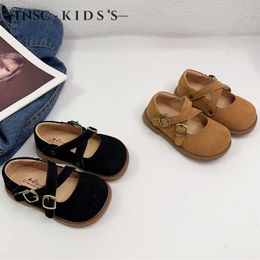 Sneakers Girls Korean version single shoe 2024 spring new cross princess shoes baby girl plush leather soft sole Velcro small H240510