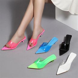 Slippers Clear Transparent PVC Female Outdoor Leather Shoes Summer Med Heels 4CM Pointy Toe Women Sexy Cool Mules Slides Sandals