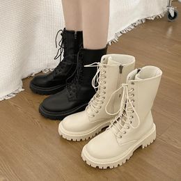 Boots Gothic Shoes Black PU Leather Ankle Women Autumn Winter Round Toe Lace Up Woman Fashion Motorcycle Platform