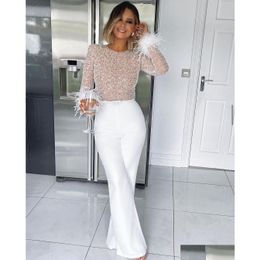 Women'S Two Piece Pants Womens Jumpsuit Women Elegant Prom Feather Sequins Long Sleeve Pantsuit Bodysuit Overalls Evening Party Suit Dhdfv