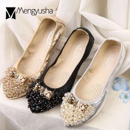 Casual Shoes Bow-Knot Crystal Foldable Ballet Flats Woman Paillette Loafers Bling Pregnant Women Gold/silver Sequined Cloth Ballerina