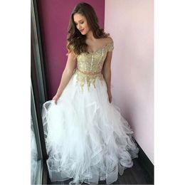 2 Pieces White 2019 Gold Lace Applique Prom Evening Dress Party Gowns 8Th Grade Graduation Dresses Ocn Dresses 0510