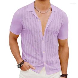 Men's Casual Shirts Summer Hollow Out Breathable Knit Men Vintage Pure Color Button Lapel Beach Shirt Knitted Mens Short Sleeve Tops